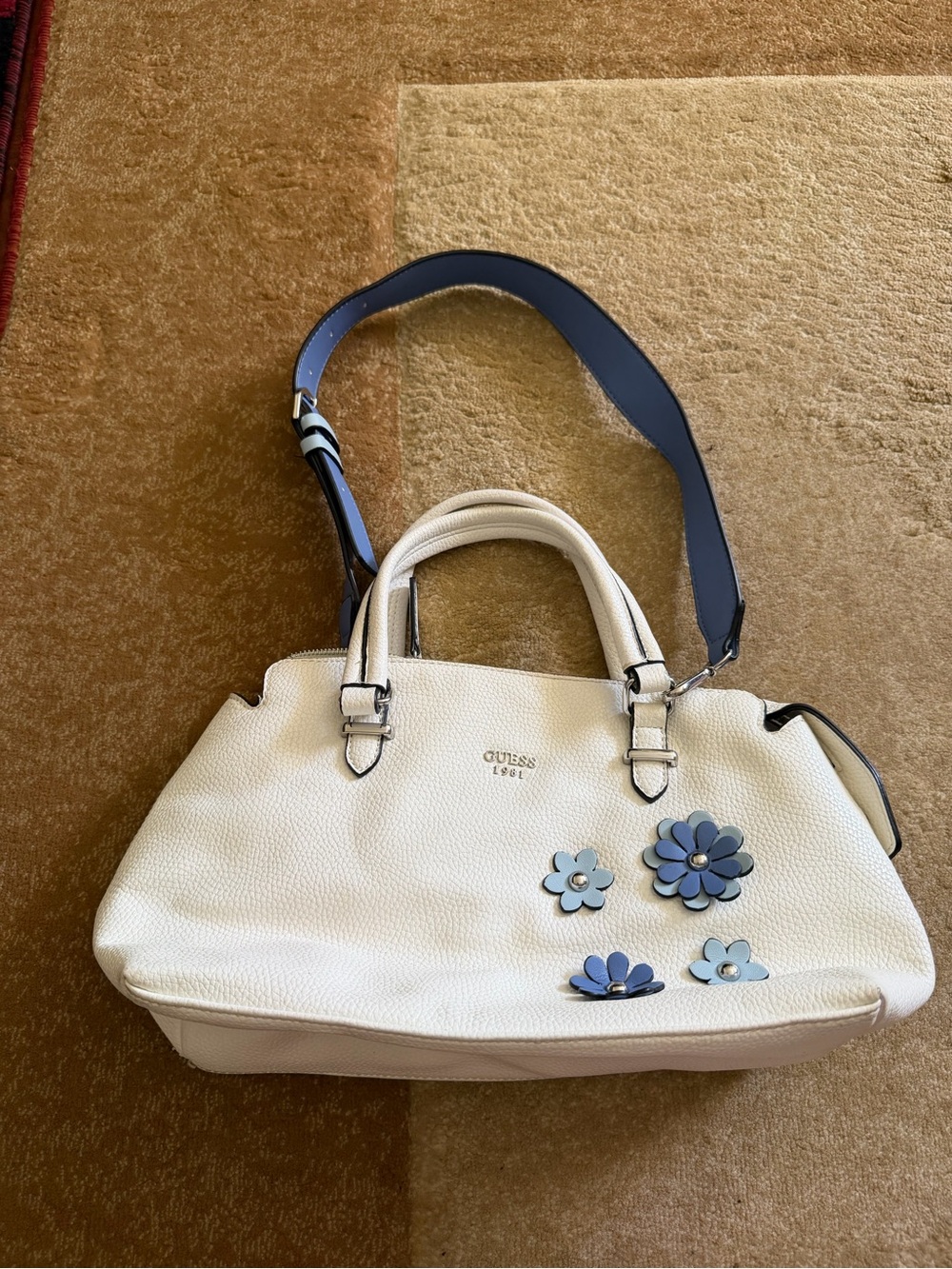 GUESS White Satchel with Blue Floral Accents and Navy Strap